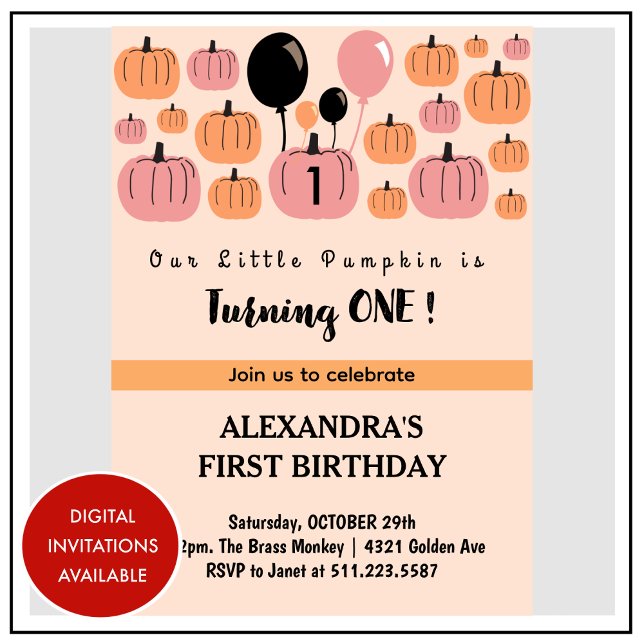 Little Pumpkin Turning one Halloween 1st Birthday Invitation (Halloween-1st-Birthday-Invitation-Little-Pumpkin-Turning-one-pink-orange-1)