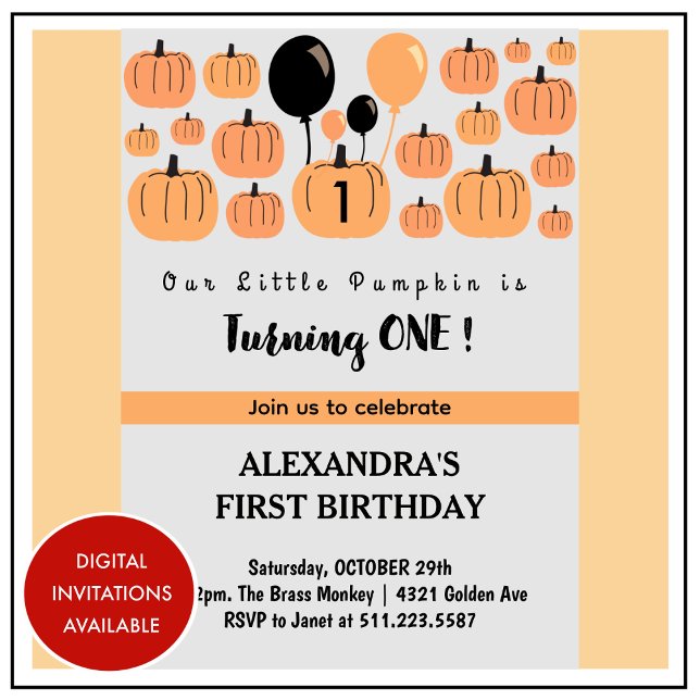 Little Pumpkin Turning one Halloween 1st Birthday Invitation (Halloween-1st-Birthday-Invitation-Little-Pumpkin-Turning-one-orange-1)