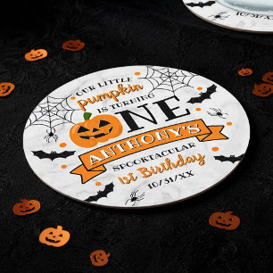 Little Pumpkin Turning One Halloween 1st Birthday Round Paper Coaster