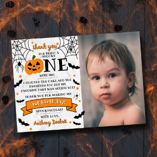 Little Pumpkin Turning One Halloween 1st Birthday Thank You Card