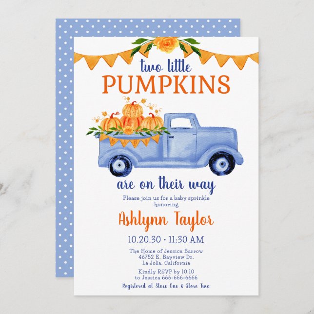 Little Pumpkin Twin Boy Baby Sprinkle Invitation (Front/Back)