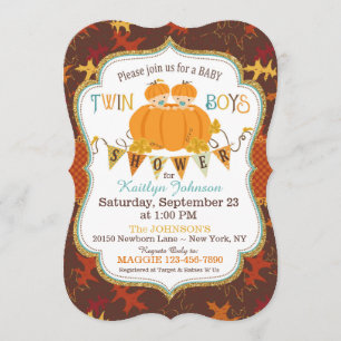 Little Pumpkin Twin Boys Fall Leaves Baby Shower Invitation