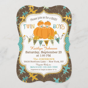 Little Pumpkin Twin Boys Fall Leaves Baby Shower Invitation