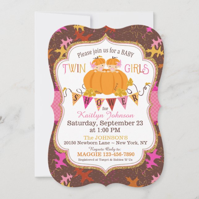 Little Pumpkin Twin Girls Fall Leaves Baby Shower Invitation (Front)