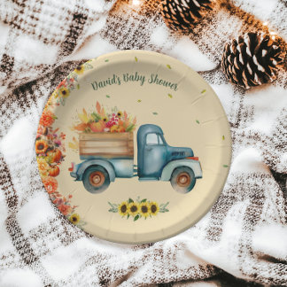 Little Pumpkin Vintage Truck Sunflower Fall Theme Paper Plate
