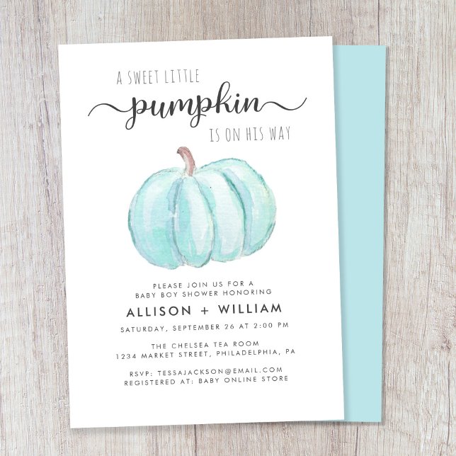Little Pumpkin Watercolor Baby Boy Couples Shower Invitation (Celebrate the upcoming arrival of your autumn baby boy with a pumpkin-themed baby shower)