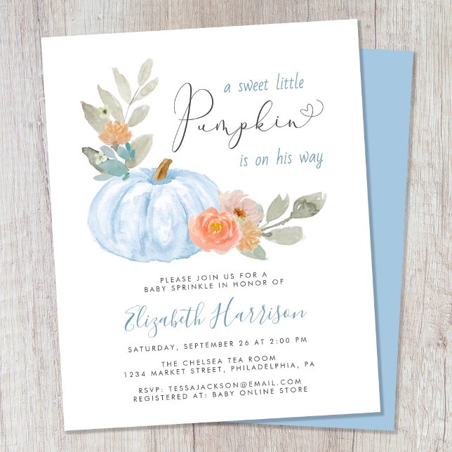 Little Pumpkin Watercolor Baby Boy Sprinkle Invite (Celebrate the upcoming arrival of your sweet little autumn baby with a pumpkin-themed baby sprinkle)