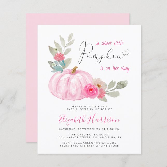 Little Pumpkin Watercolor Baby Girl Shower Invite (Front/Back)