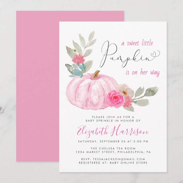 Little Pumpkin Watercolor Baby Girl Sprinkle Invitation (Front/Back)