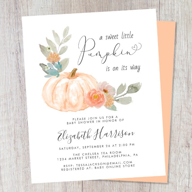 Little Pumpkin Watercolor Baby Shower Invitation (Celebrate the upcoming arrival of your sweet little autumn baby with a pumpkin-themed baby shower)