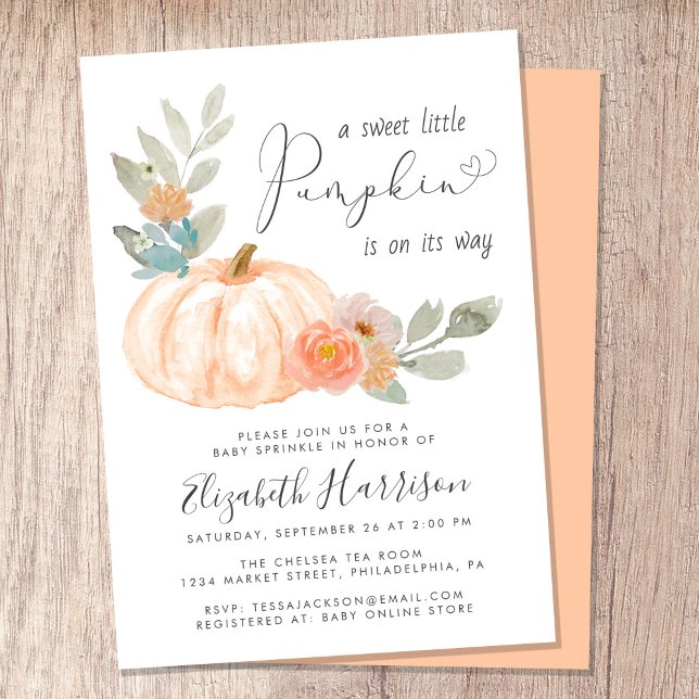 Little Pumpkin Watercolor Baby Sprinkle Invitation (Celebrate the upcoming arrival of your sweet little autumn baby with a pumpkin-themed baby sprinkle)
