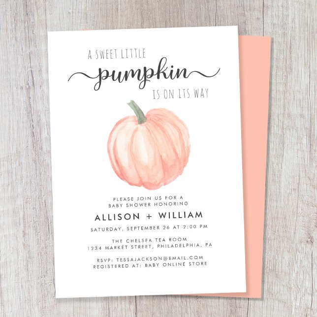 Little Pumpkin Watercolor Couples Baby Shower Invitation (Celebrate the upcoming arrival of your autumn baby with a pumpkin-themed couple's baby shower)