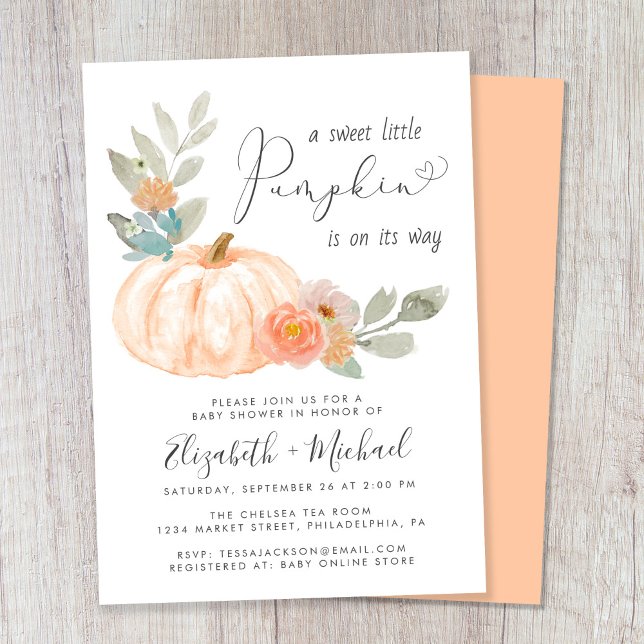 Little Pumpkin Watercolor Couples Baby Shower Invitation (Celebrate the upcoming arrival of your sweet little autumn baby with a pumpkin-themed baby shower)
