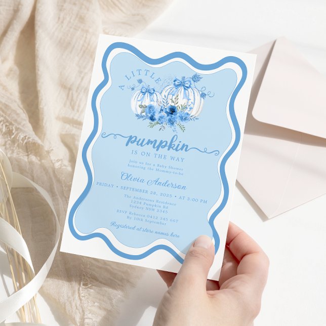Little Pumpkin Wave Frame Bow Blue Baby Shower Invitation (Creator Uploaded)
