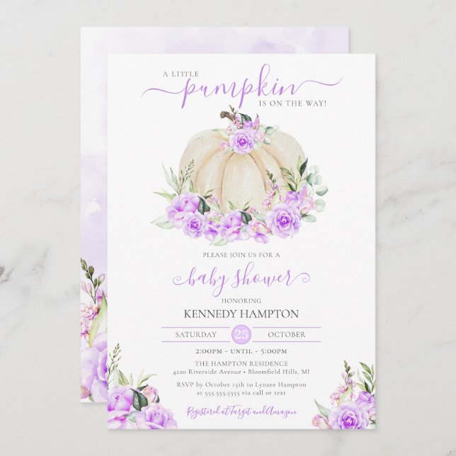 Little Pumpkin White Purple Rose Girl Baby Shower Invitation (Front/Back)