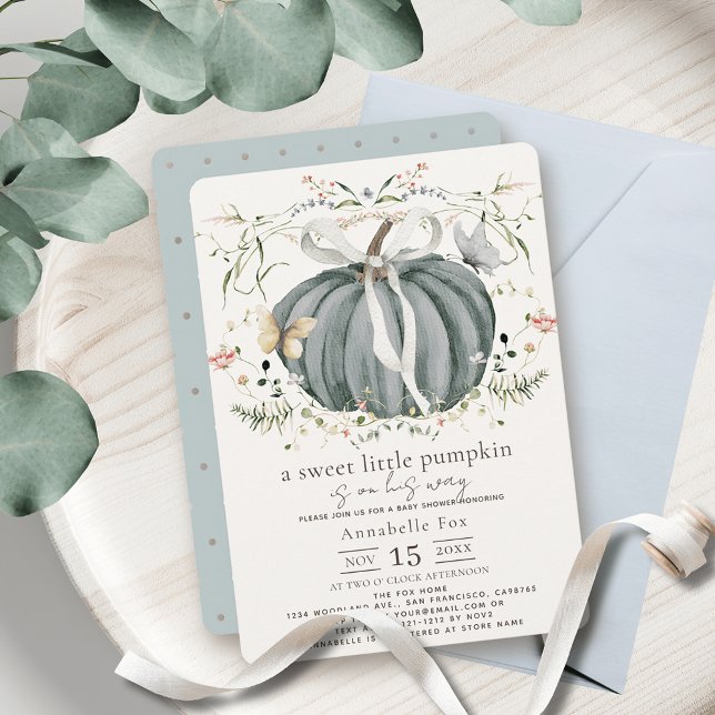 Little Pumpkin Wildflower Blue Boy Baby Shower Invitation (Creator Uploaded)