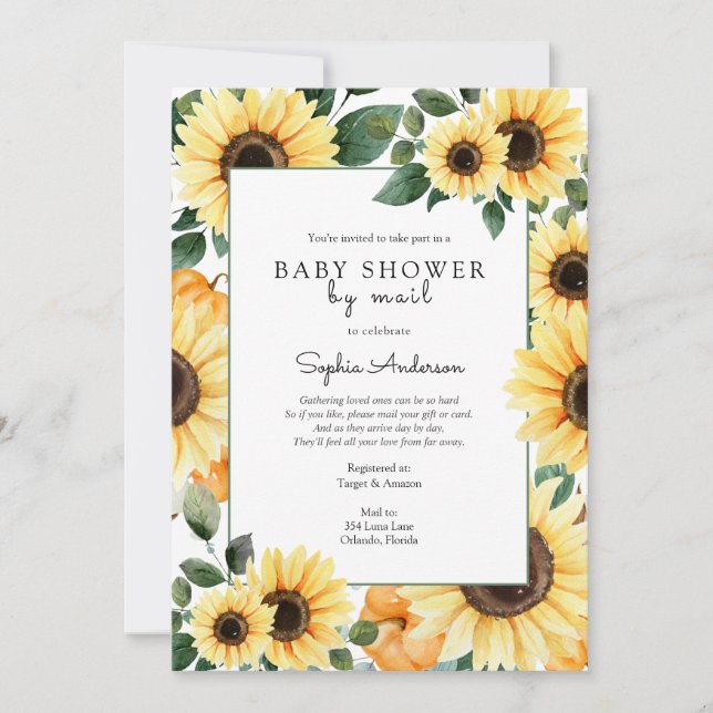 Little Pumpkin with Sunflowers Baby Shower by mail Invitation (Front)