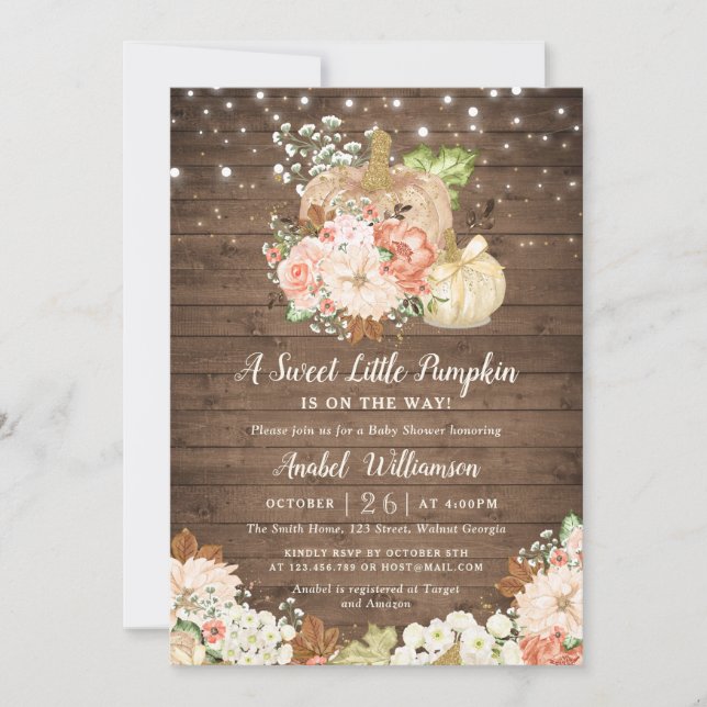 Little Pumpkin Wood String Lights Fall Baby Shower Invitation (Front)