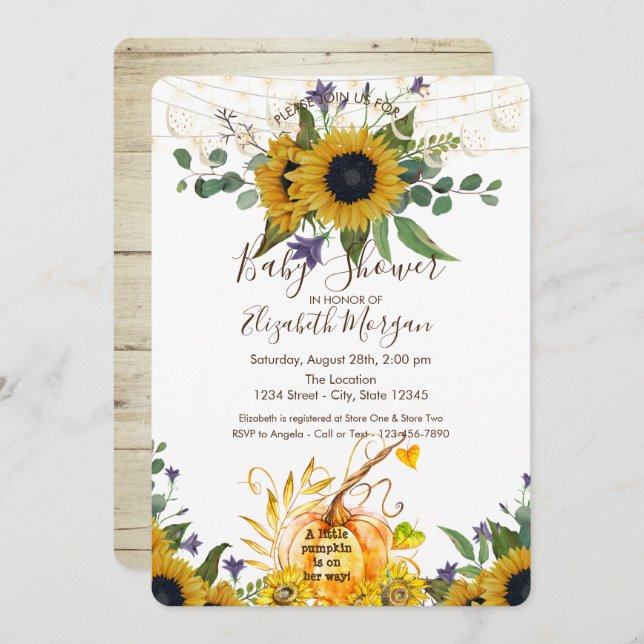 Little Pumpkin, Wood Sunflowers Baby Shower  Invitation (Front/Back)