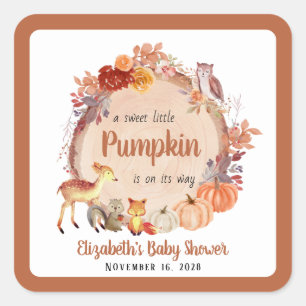 Little Pumpkin Woodland Animals Baby Shower Square Sticker