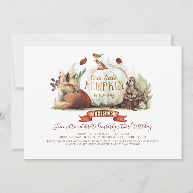 Little Pumpkin Woodland Animals Fall Birthday Invitation (Front)