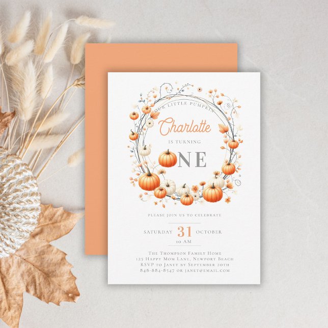 Little Pumpkin Wreath Frame Girly 1st Birthday Invitation (pumpkin 1st birthday invitation girl botanical floral frame watercolor girly cute adorable feminine)