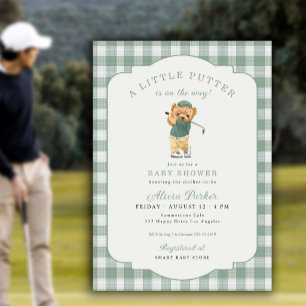 Little putter on the way gingham golf baby shower invitation