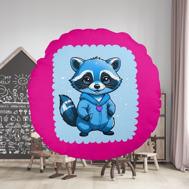Little Racoon In Blue Round Pillow (Creator Uploaded)