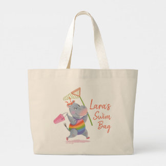 Little Rainbow Hippo Running to the Beach Large Tote Bag