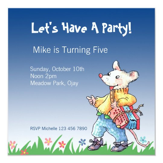 Little Rat with Accordeon Blue Invitation... Card