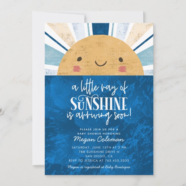 Little Ray Of Sunshine Blue Baby Shower Invitation (Front)
