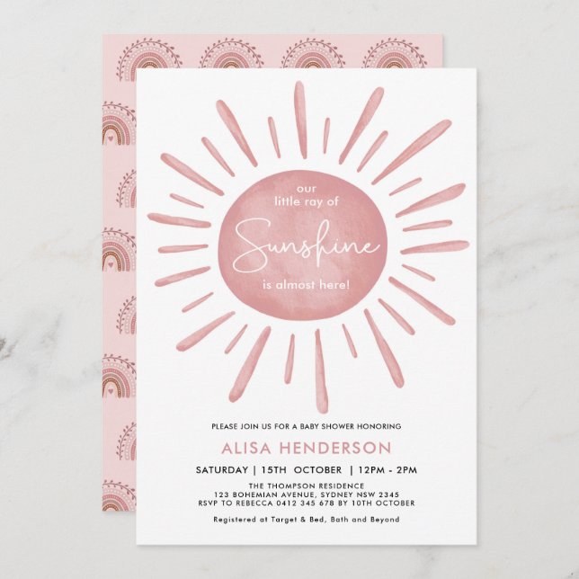 Little Ray of Sunshine Boho Pink Sun Baby Shower Invitation (Front/Back)