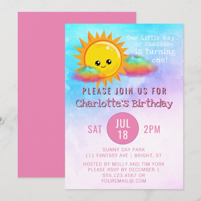 Little Ray of Sunshine Girls 1st Birthday Party Invitation (Front/Back)