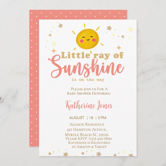Little Ray of Sunshine Girls Baby Shower   Invitation (Front/Back)
