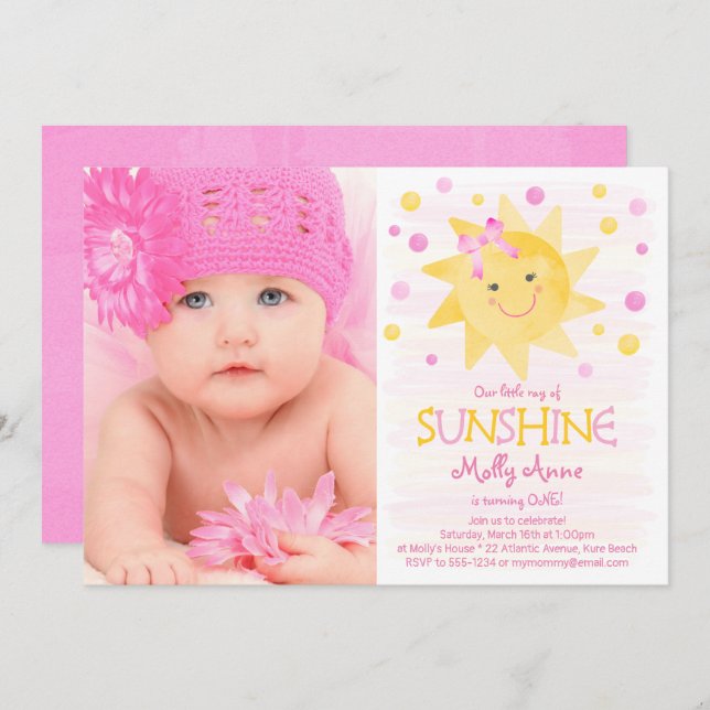 Little Ray of Sunshine Watercolor Birthday Invitation (Front/Back)
