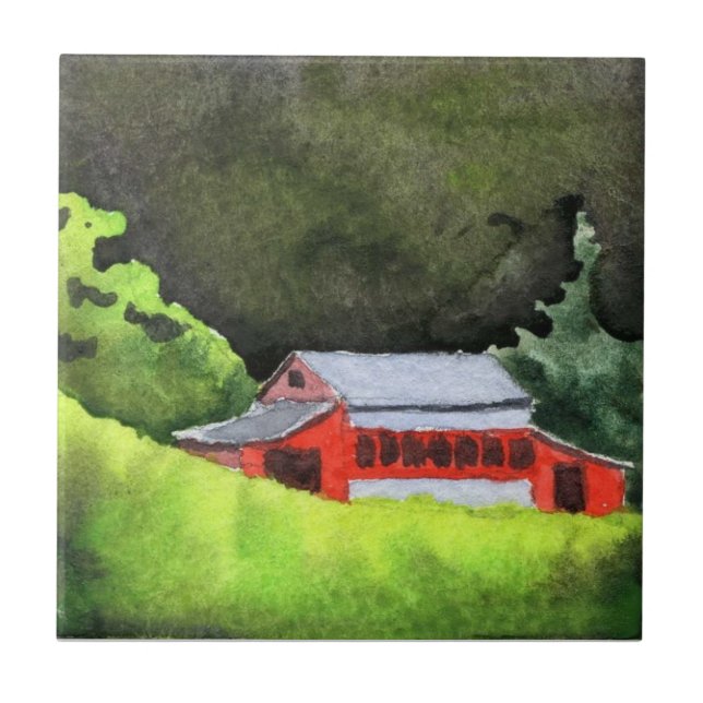 Little red barn country landscape tile. ceramic tile (Front)