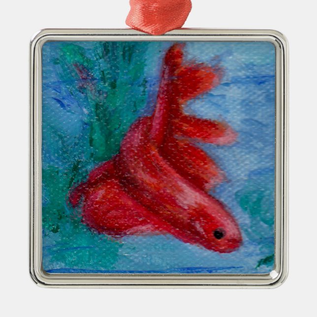 Little Red Betta Fish Metal Tree Decoration (Front)