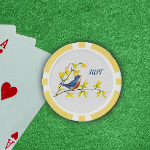 Little Red Blue Singing Bird on Branch Flowers Poker Chips