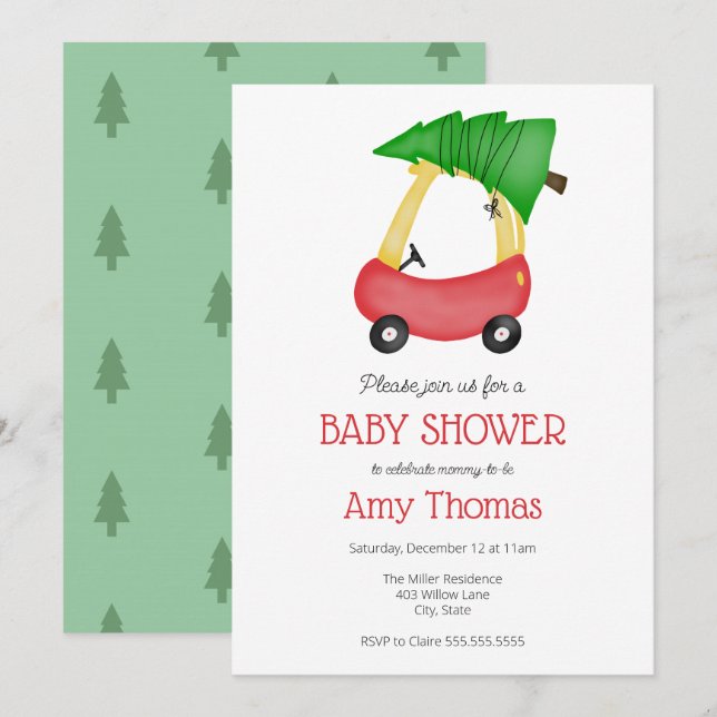 Little Red Car with Christmas Tree Baby Shower Invitation (Front/Back)