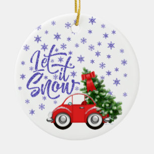 Little Red Car With Christmas Tree Ceramic Ornament