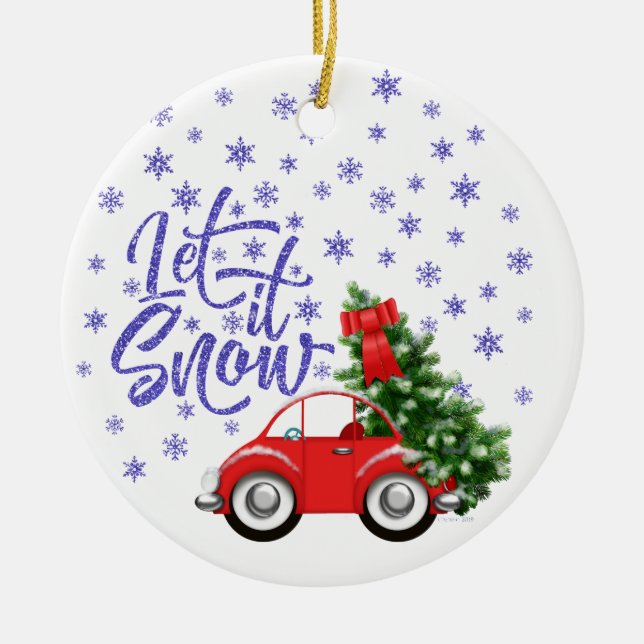 Little Red Car With Christmas Tree Ceramic Ornament (Front)