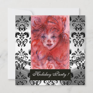 LITTLE RED CLOWN ,Black White Damask Holiday Party Invitation