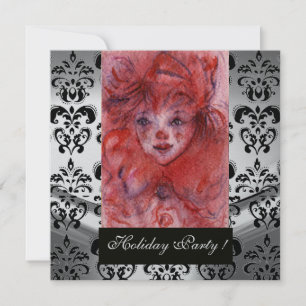 LITTLE RED CLOWN ,Black White Damask Silver Metal Invitation