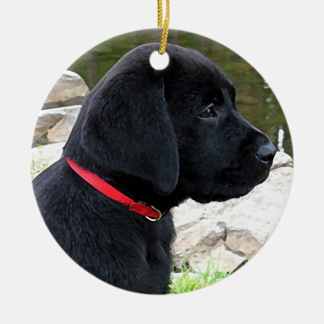 Little Red Collar - Black Lab Puppy - Labrador Ceramic Ornament (Front)