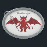 Little Red Devil Thunder_Cove Oval Belt Buckle<br><div class="desc">cute winged red devil with a long barbed tail holding a pitchfork</div>