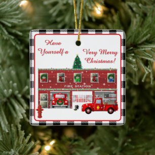 Little Red Fire Truck and Fire Station Ceramic Ornament