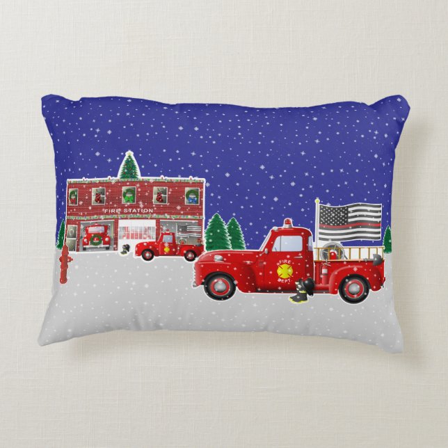 Little Red Fire Truck and Fire Station Decorative Cushion (Back)