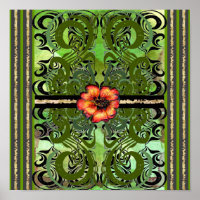 Little Red Flower and green damask pattern
