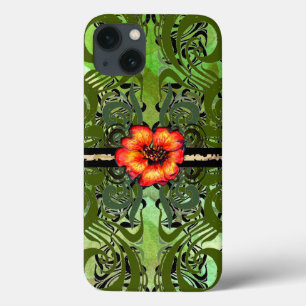 Little Red Flower on green iPhone 13 Case