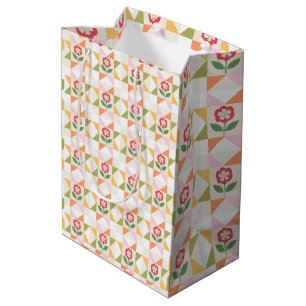 Little red flower quilt block medium gift bag